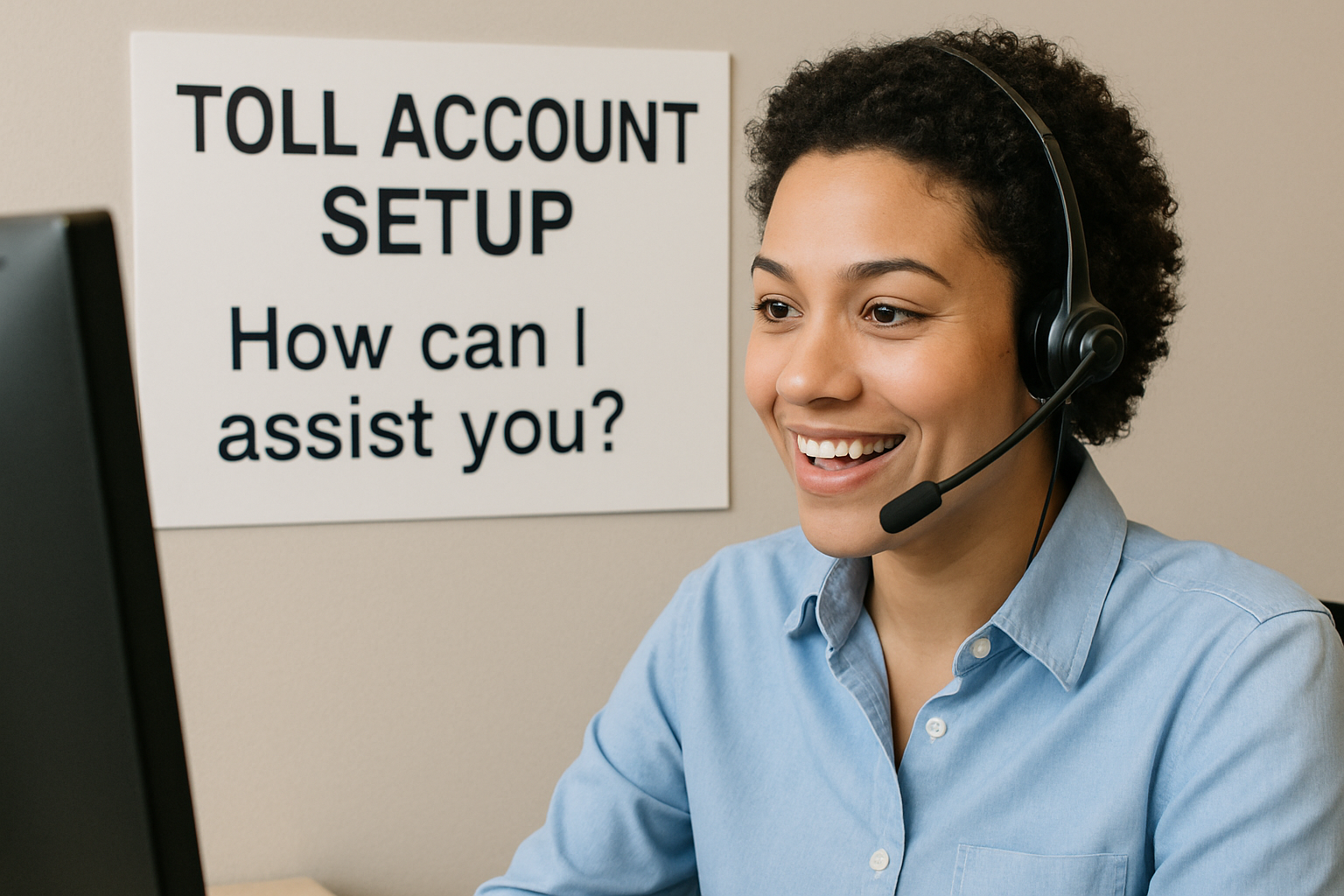Customer service representative assisting with toll account setup