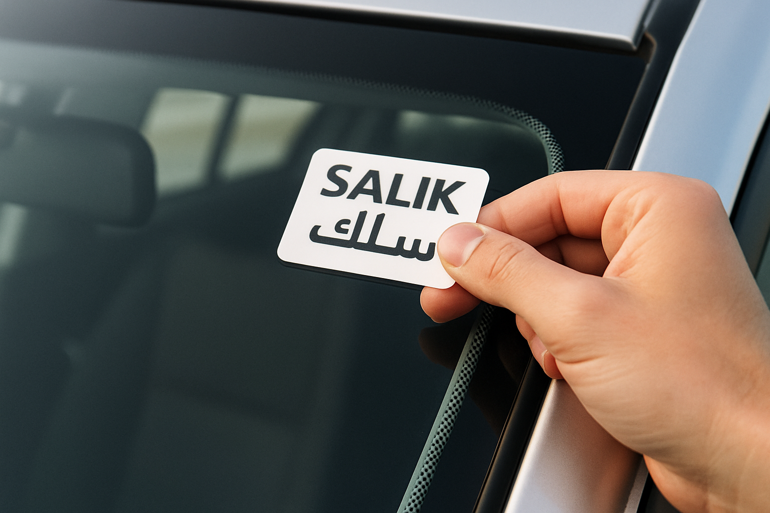 Salik tag installation on a vehicle windshield